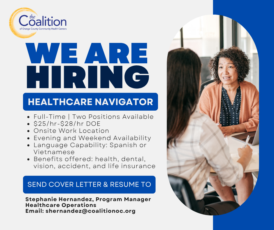 Job advertisement for a Healthcare Navigator at The Coalition, detailing full-time positions, pay, benefits, and contact inf…