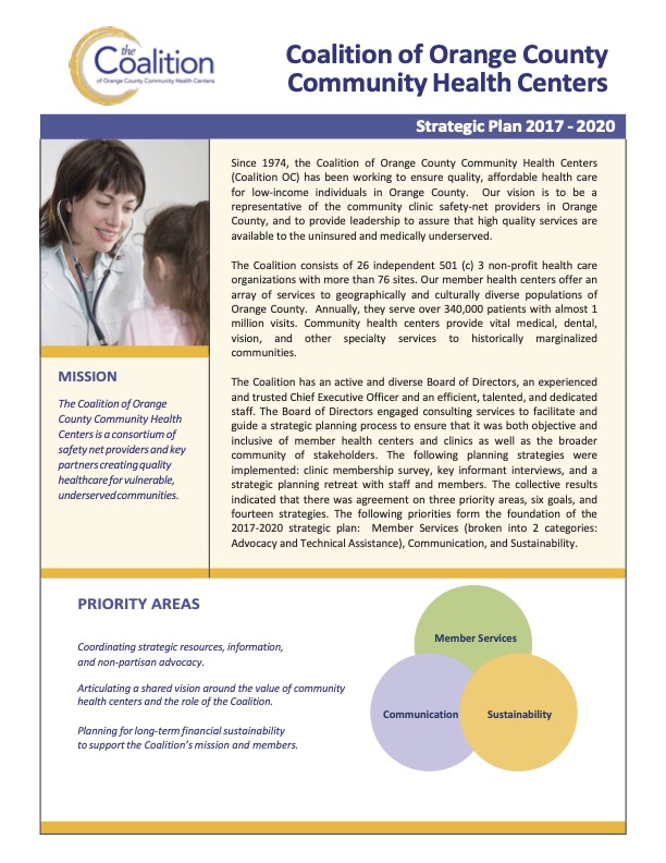 Coalition of Orange County Community Health Centers Strategic Plan 2017-2020, featuring a healthcare provider, child, and pr…